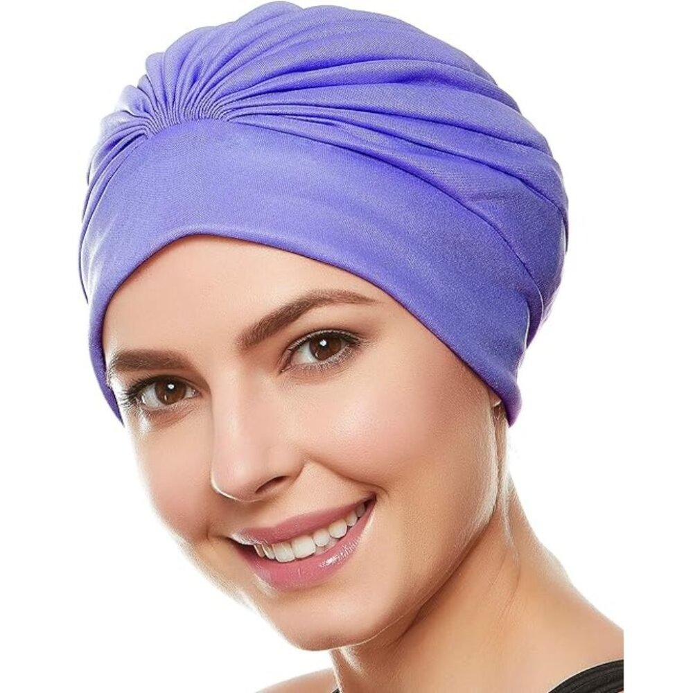 Beemo Swim Caps for Women Swimming Turban Polyester Latex Lined Pleated - Purple